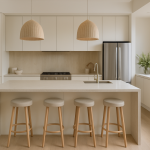Light coloured quartz benchtop with waterfall island in a modern Australian kitchen