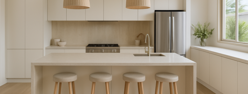 Light coloured quartz benchtop with waterfall island in a modern Australian kitchen