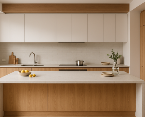 Light veined engineered stone benchtop colour in a modern Australian kitchen