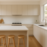 Modern kitchen with a bright white engineered stone benchtop and waterfall island edge