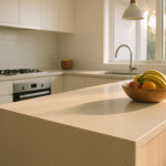 Modern kitchen with stone benchtop and waterfall end in a South East Queensland home