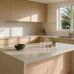 Kitchen island with a light veined engineered stone benchtop in natural daylight