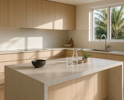 Kitchen island with a light veined engineered stone benchtop in natural daylight