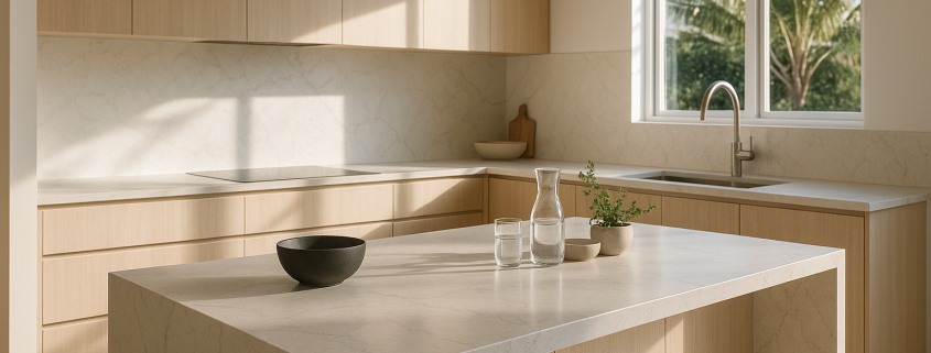 Kitchen island with a light veined engineered stone benchtop in natural daylight