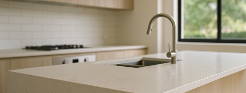 Modern kitchen with light engineered stone benchtop and waterfall end