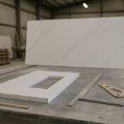 Engineered stone slab being measured in a stone masonry workshop in South East Queensland