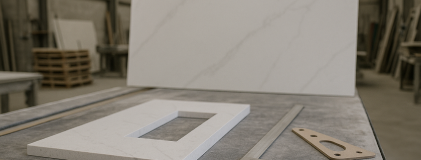 Engineered stone slab being measured in a stone masonry workshop in South East Queensland