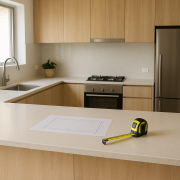 Kitchen benchtop with measuring tape and benchtop plan ready for quoting