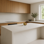 White engineered stone kitchen island benchtop with waterfall edge in a bright Australian kitchen