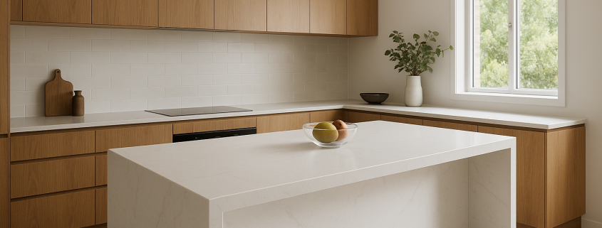 White engineered stone kitchen island benchtop with waterfall edge in a bright Australian kitchen