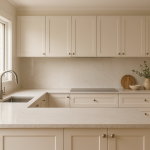 Light marble-look engineered stone benchtop colour in a modern kitchen