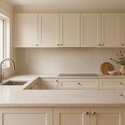 Light marble-look engineered stone benchtop colour in a modern kitchen