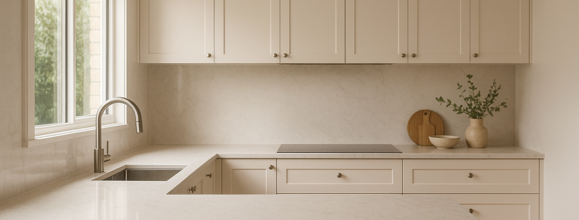Light marble-look engineered stone benchtop colour in a modern kitchen