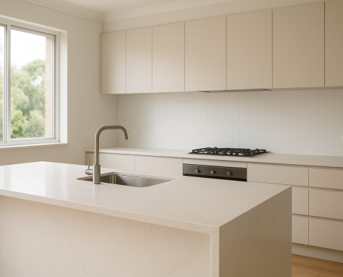 Modern kitchen with engineered stone benchtop and waterfall island edge
