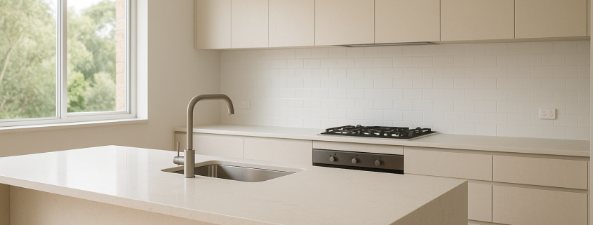 Modern kitchen with engineered stone benchtop and waterfall island edge