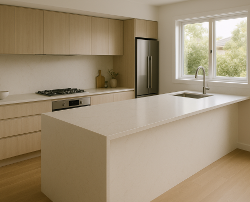 Modern kitchen with light engineered stone benchtop and waterfall island edge