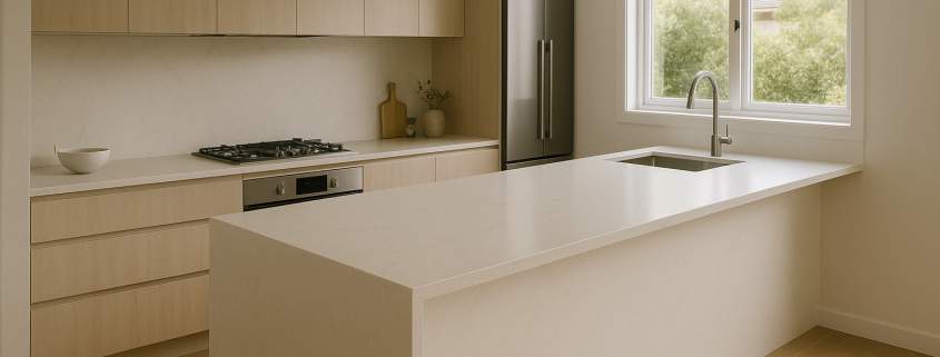 Modern kitchen with light engineered stone benchtop and waterfall island edge