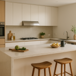 Modern kitchen with a light engineered stone benchtop and waterfall edge