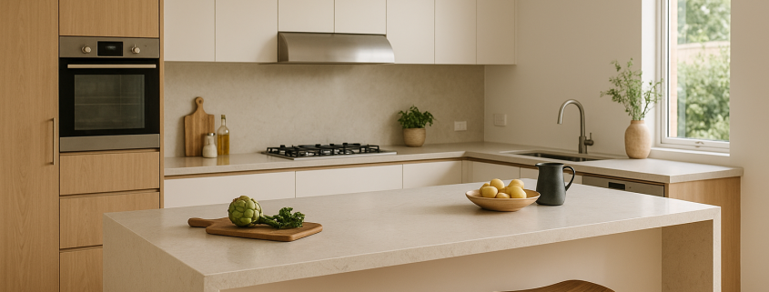 Modern kitchen with a light engineered stone benchtop and waterfall edge
