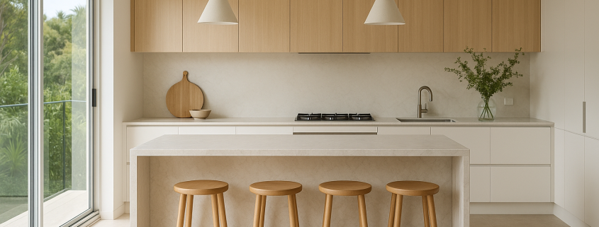 Modern Gold Coast kitchen with engineered stone benchtop and waterfall island