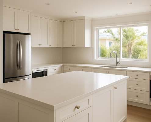 Light engineered stone benchtop on a modern Australian kitchen island