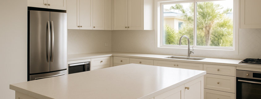 Light engineered stone benchtop on a modern Australian kitchen island