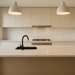 Light veined engineered stone benchtop on a modern kitchen island