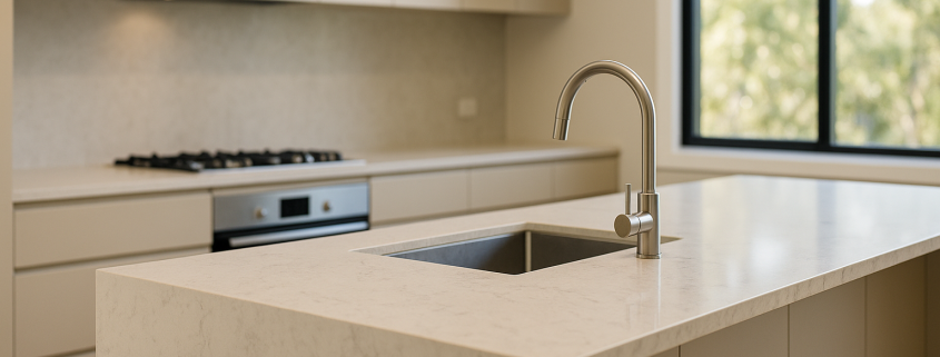 Light Carrara-look engineered stone island benchtop with soft grey veining in a modern Australian kitchen