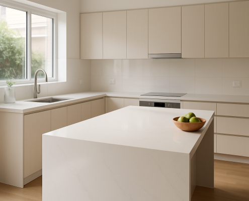 Modern kitchen with a white quartz benchtop and waterfall island edge