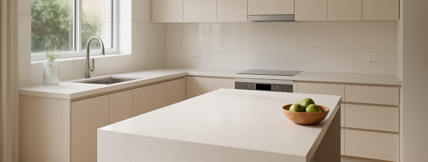 Modern kitchen with a white quartz benchtop and waterfall island edge