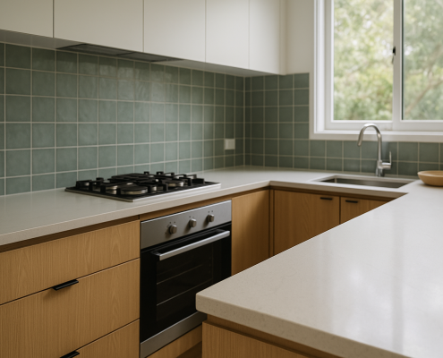 Engineered stone benchtop in a modern kitchen with undermount sink