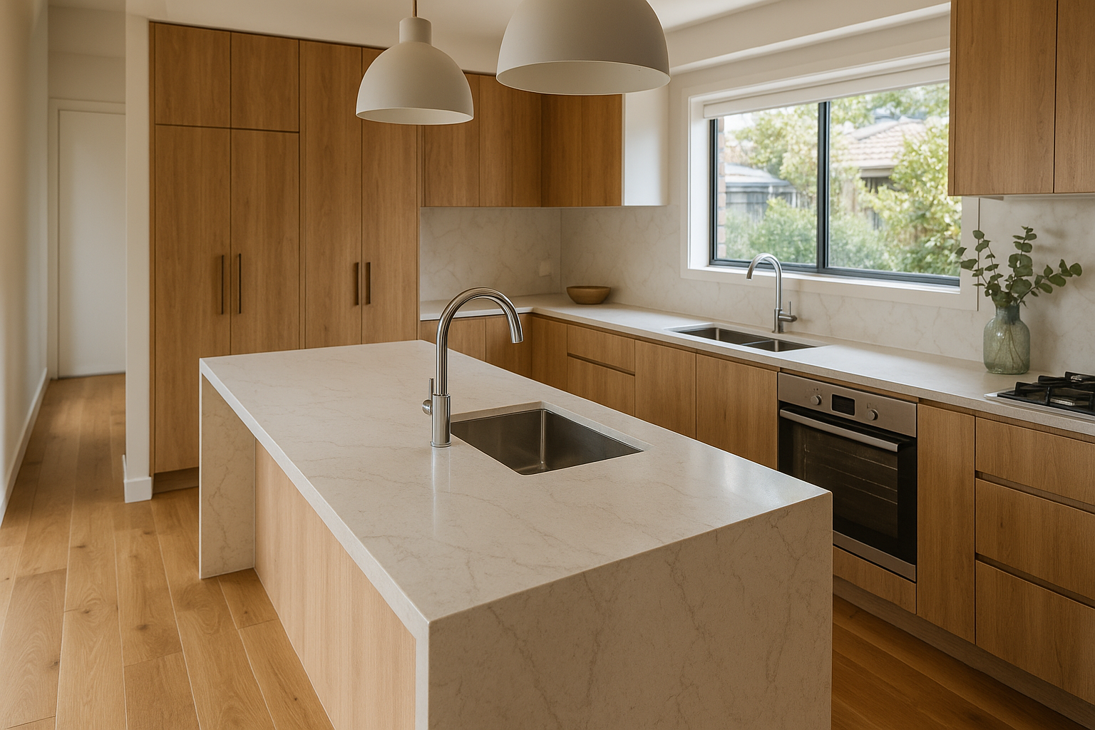 Modern kitchen with veined engineered stone benchtop and waterfall end