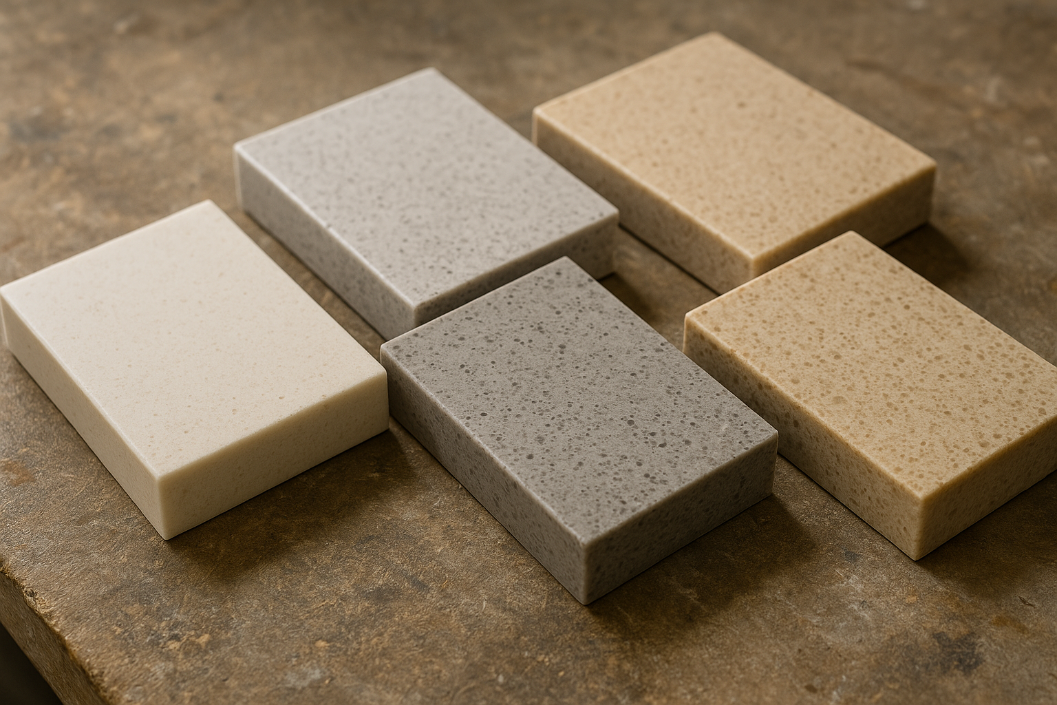 Engineered stone colour samples in neutral tones