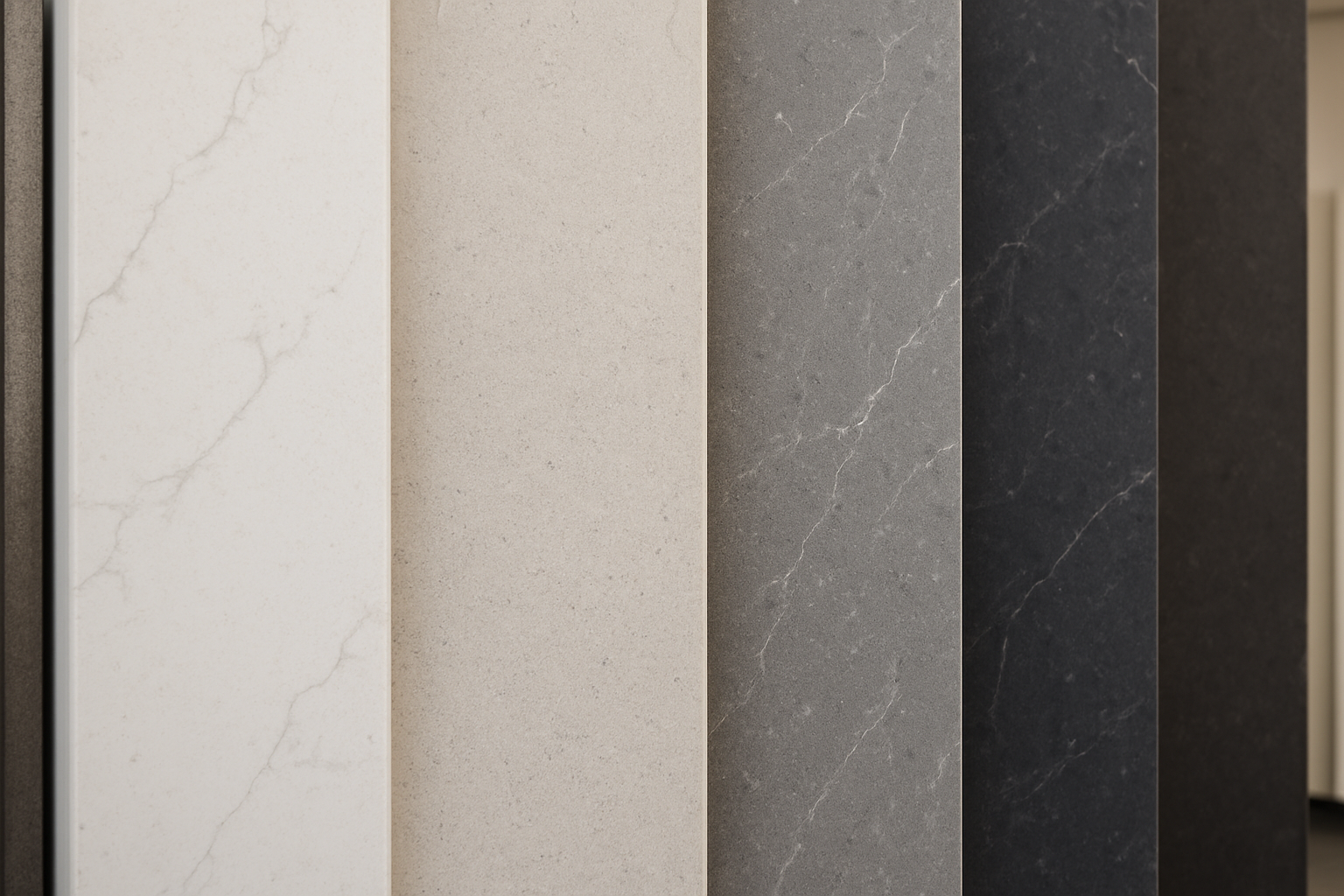 Range of engineered stone slab colours in a showroom display