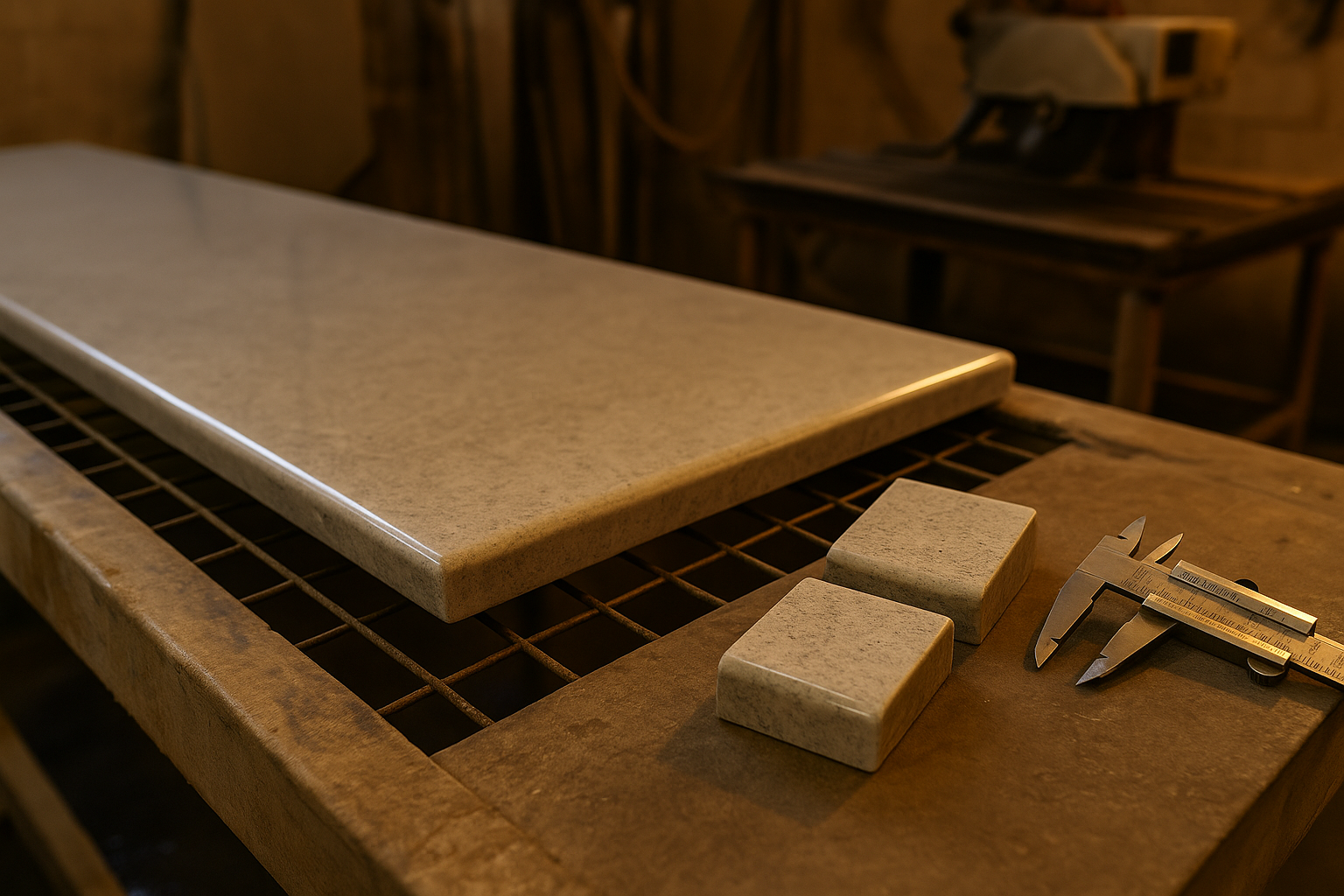 Stone edge profile samples beside tools in a fabrication workshop