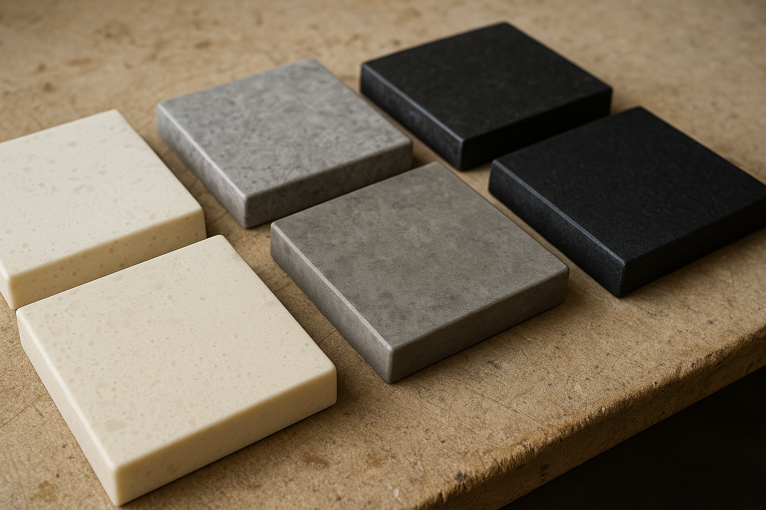 Engineered stone colour samples showing warm white, grey and charcoal tones