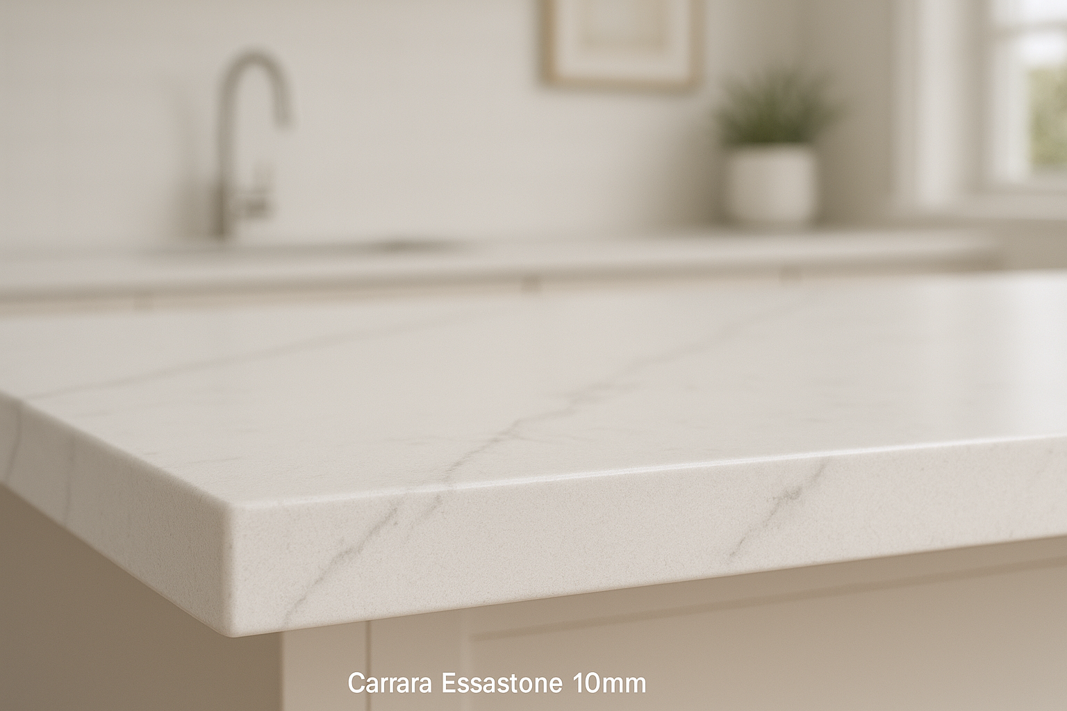 Carrara Essastone benchtop detail showing marble-look veining