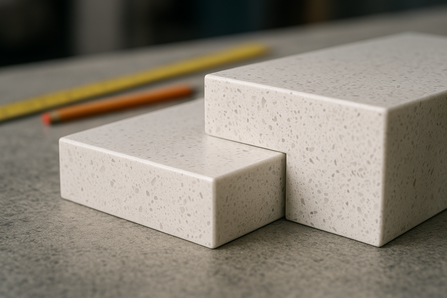 Close-up of 20mm edge and 40mm-look mitred edge on engineered stone