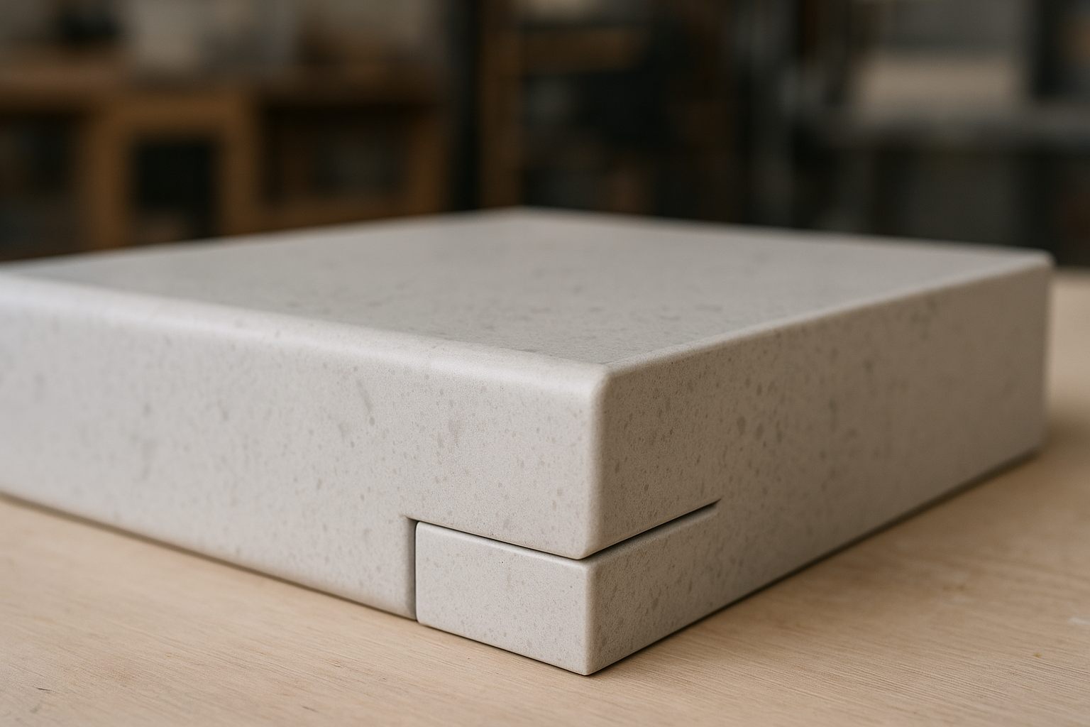 Close-up of engineered stone benchtop edge profile options