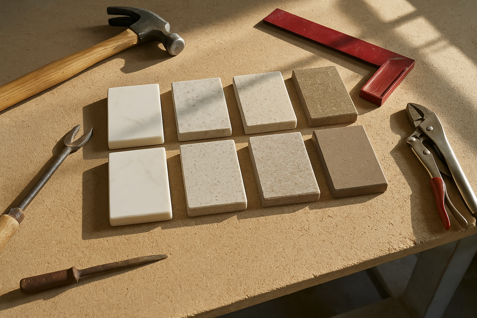 Selection of Caesarstone deluxe range sample chips on a workbench