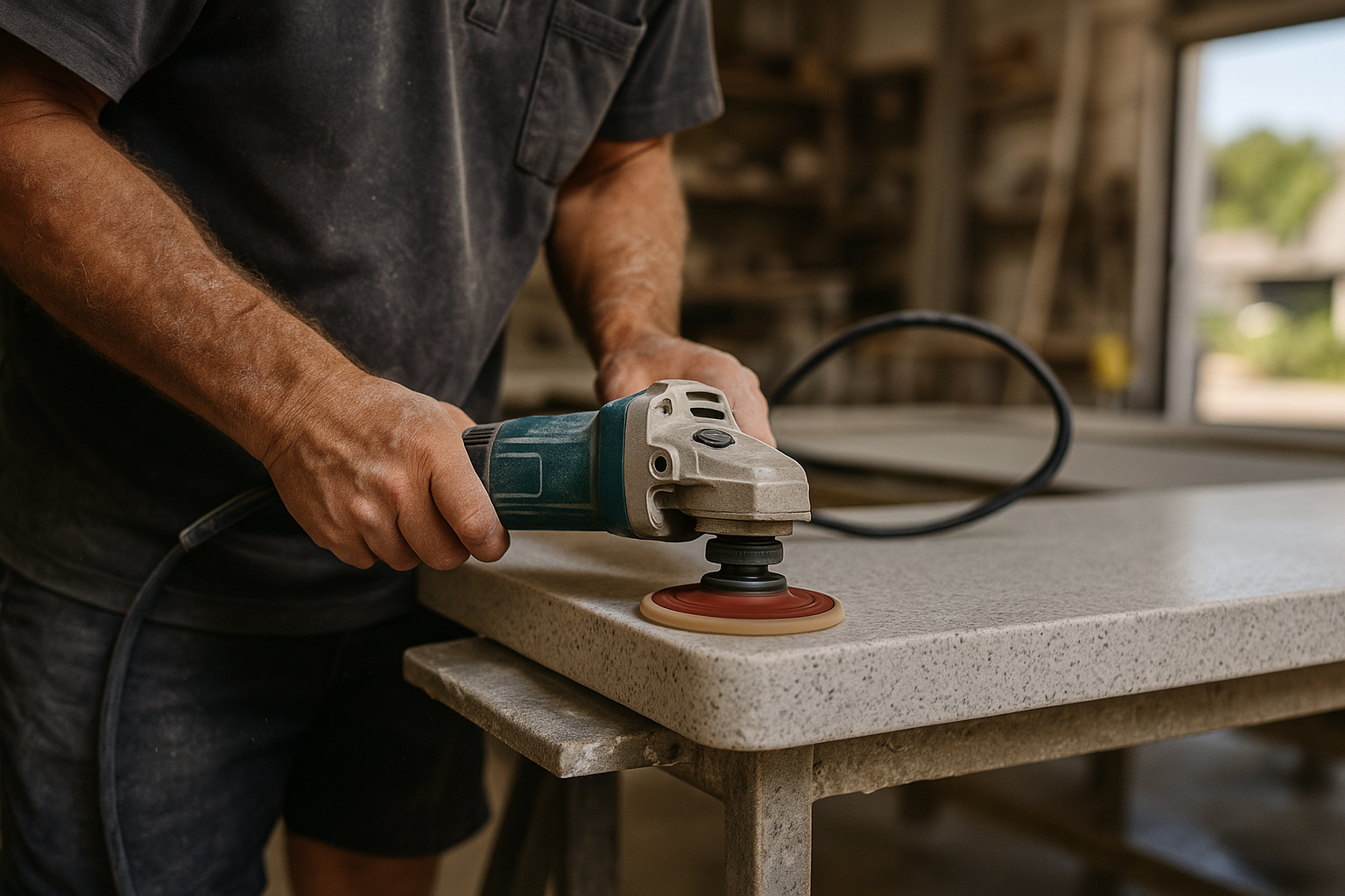 Stonemason finishing Essastone benchtop edge