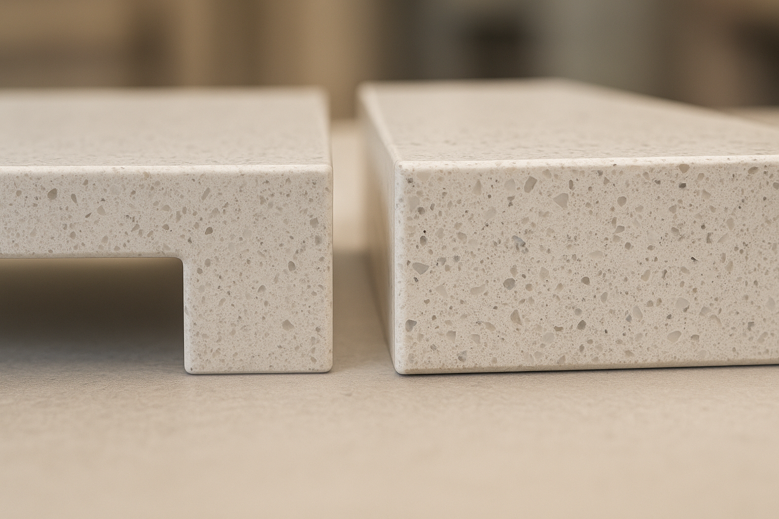 Close-up of 20mm and 40mm engineered stone benchtop edge thickness comparison