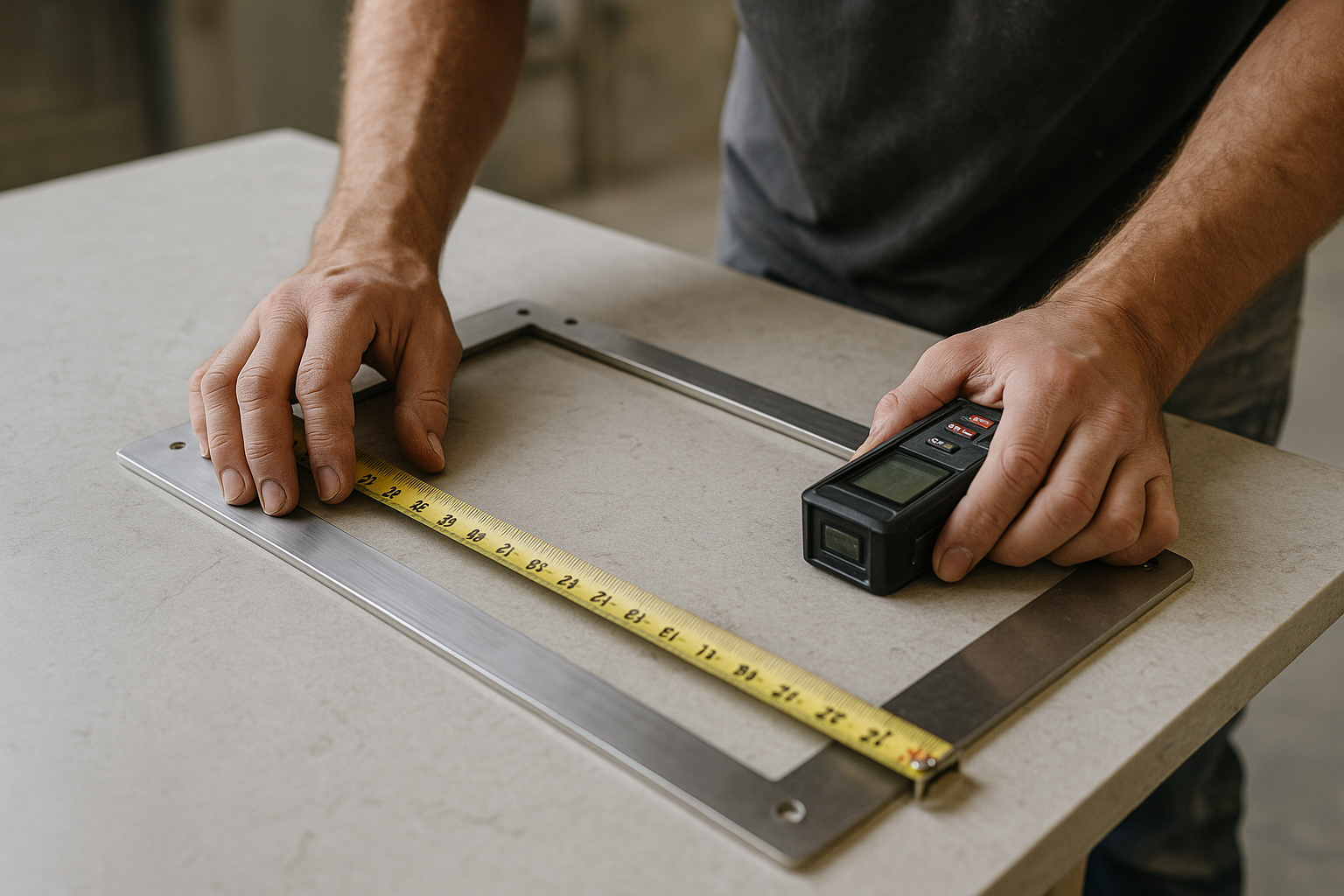Stonemason templating and measuring for a stone benchtop installation