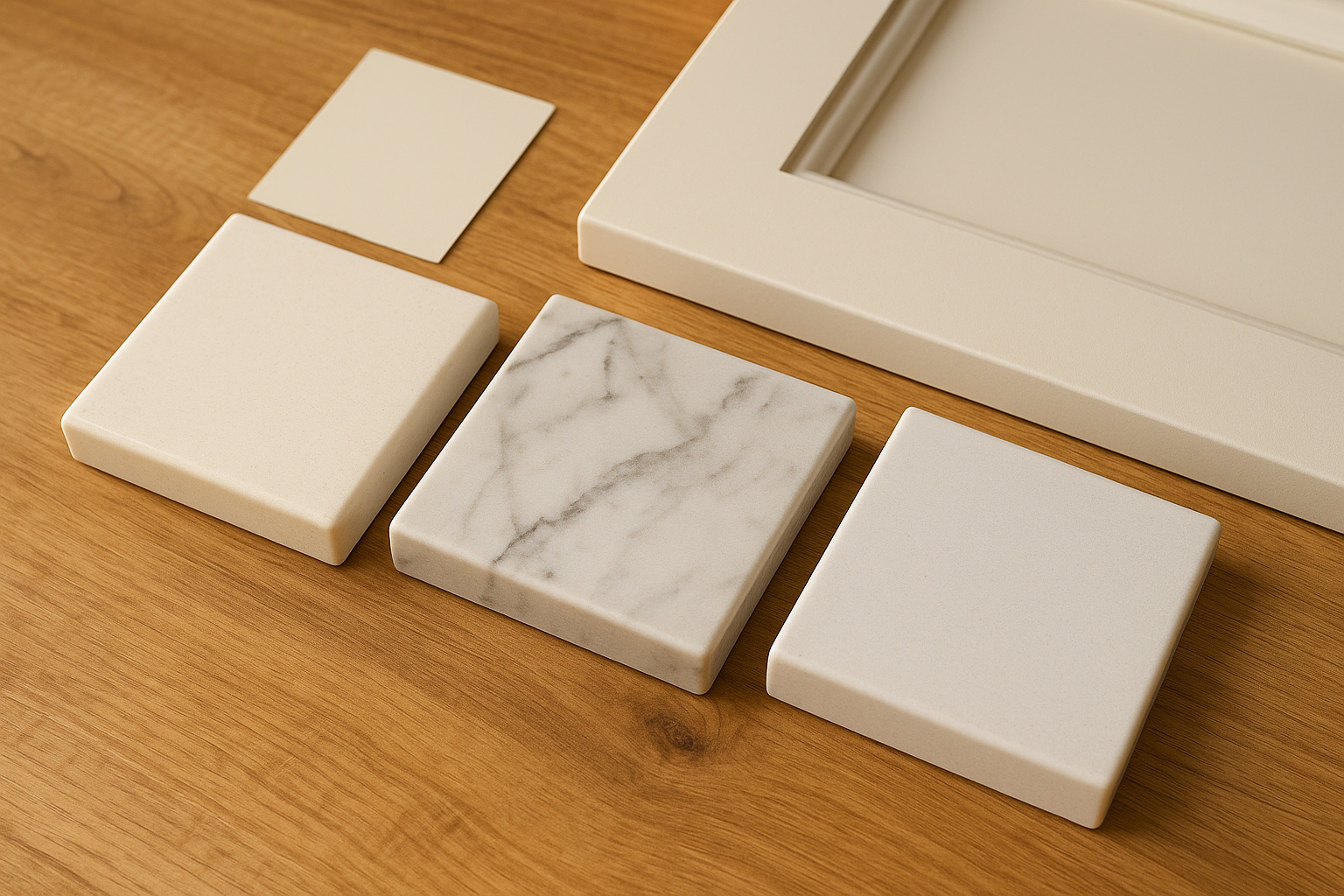 Warm vs cool engineered stone colour samples compared with cabinet and paint swatches