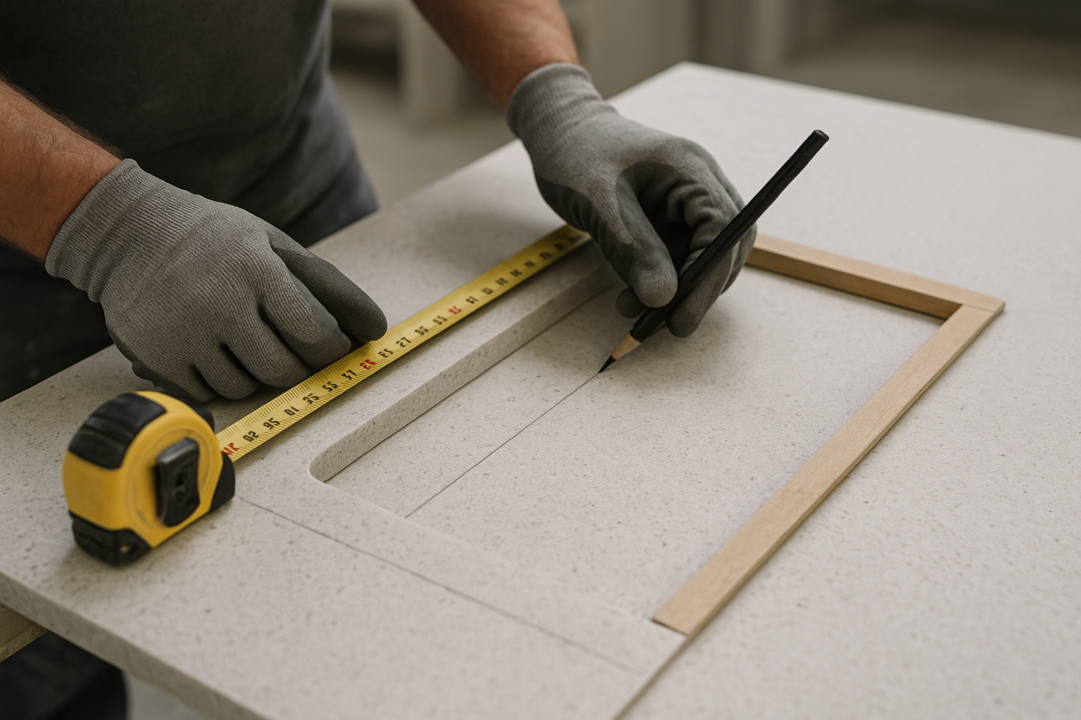 Templating and measuring an engineered stone benchtop cut-out in a workshop