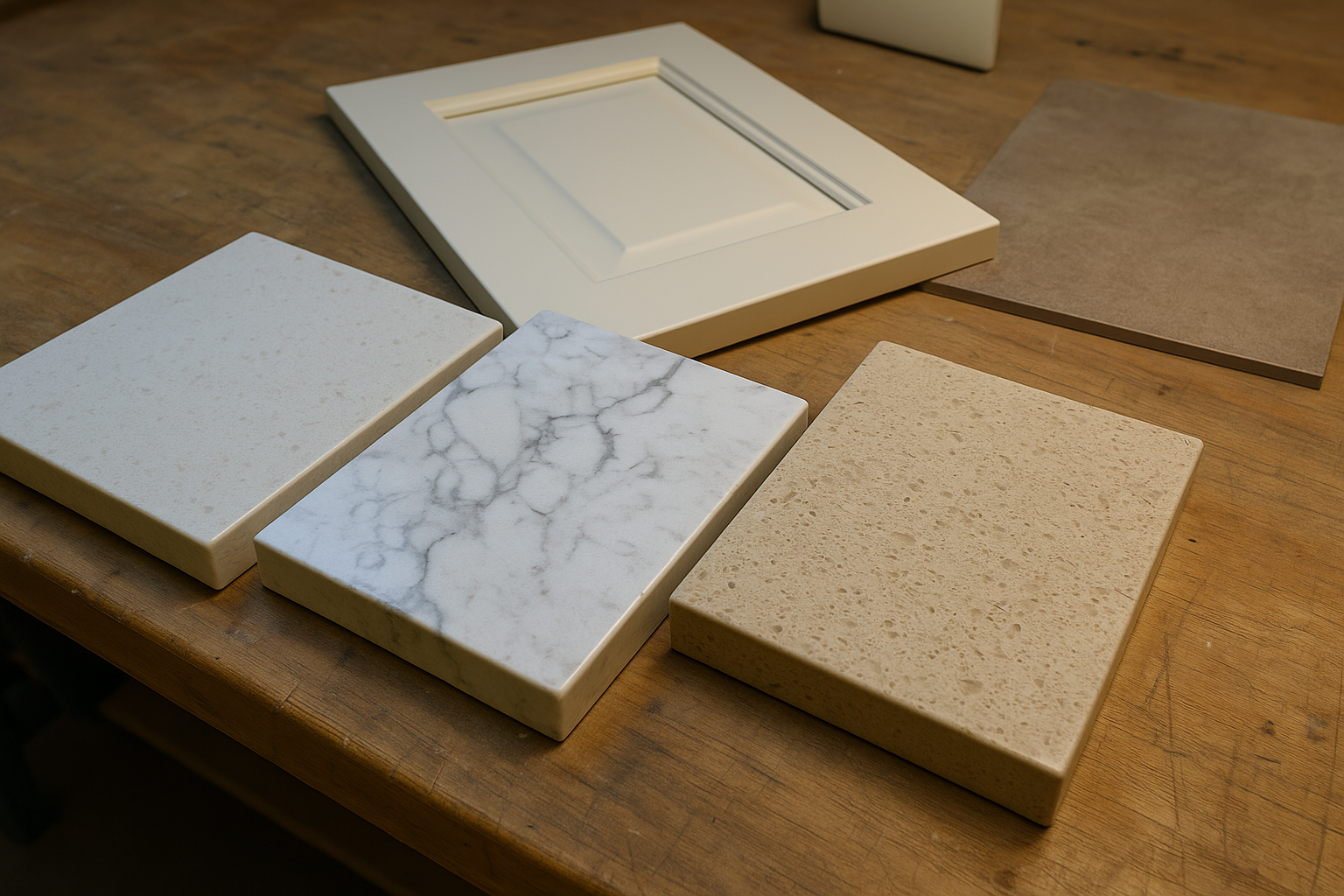Engineered stone samples compared with cabinet and tile under different lighting