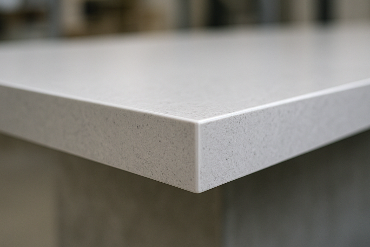 Close-up of a mitred 40mm benchtop edge on engineered stone