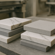 Engineered stone slab samples on a workshop bench