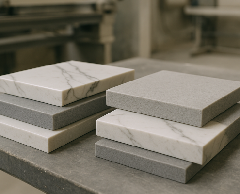 Engineered stone slab samples on a workshop bench