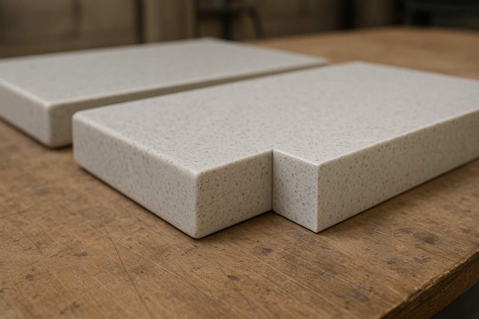 Close-up of engineered stone benchtop edge profiles including a mitred 40mm edge